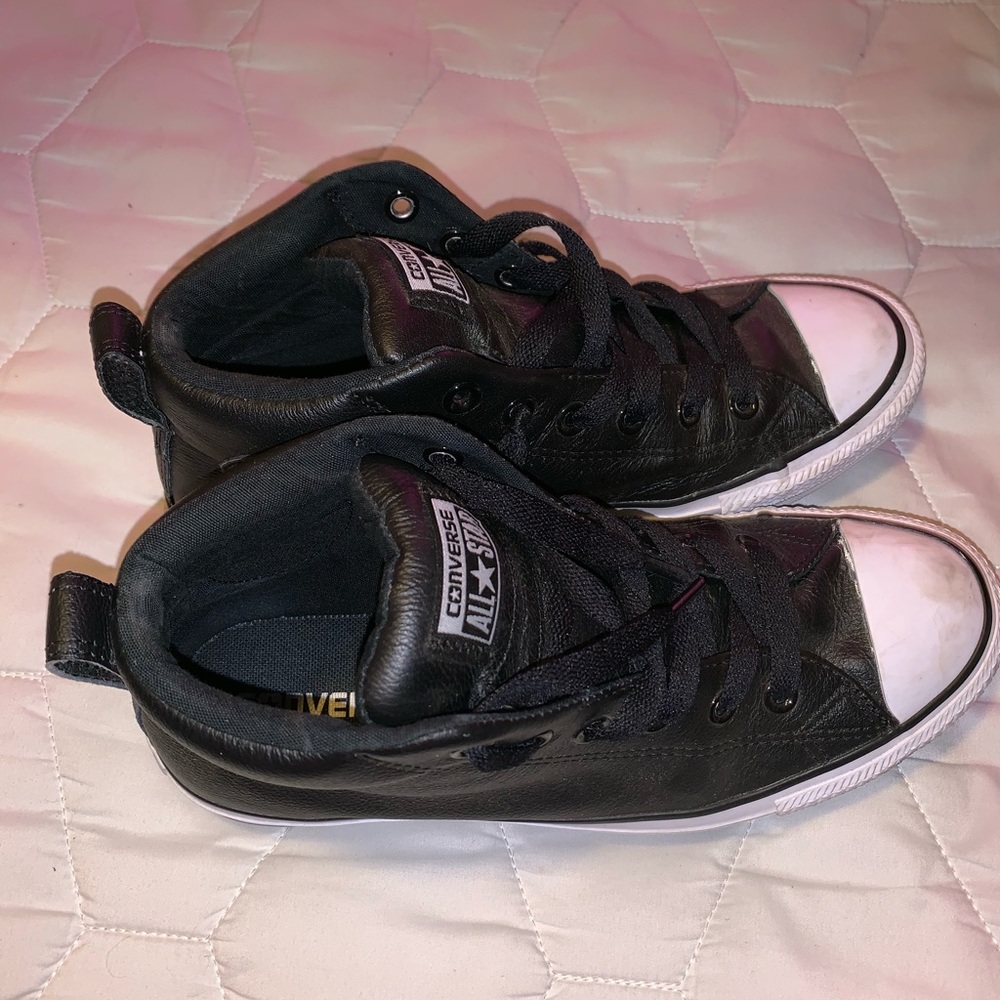Black faux leather converse. Size 6.5 in men
